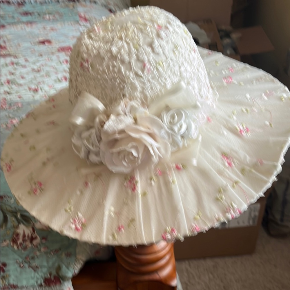 Floral Lace Wide Brim Hat with Bow